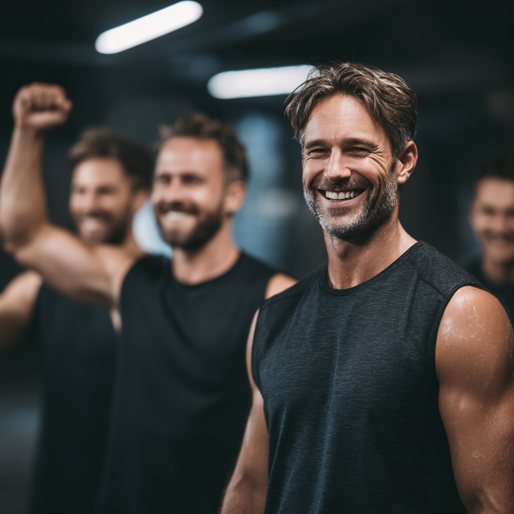 Group of successful men after workout session, celebrating achievement and showing teamwork in modern fitness environment