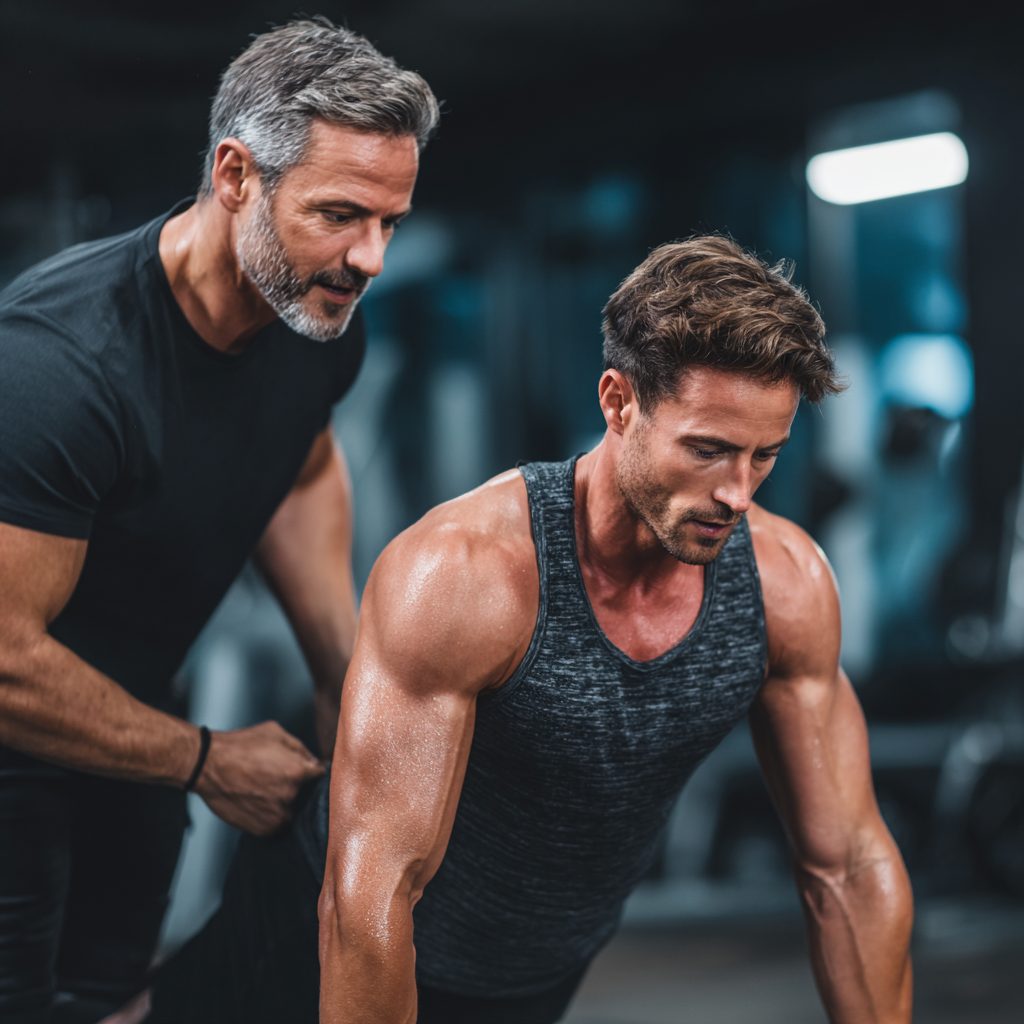 Professional fitness coach mentoring motivated male client during training session, showing proper technique and encouraging progress