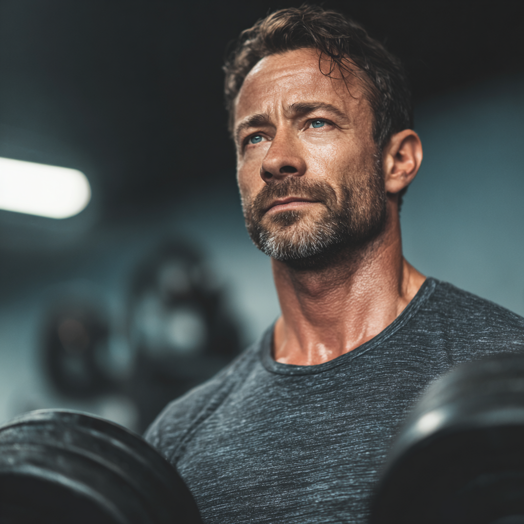 Strong confident man training with weights in modern gym, focused and determined expression